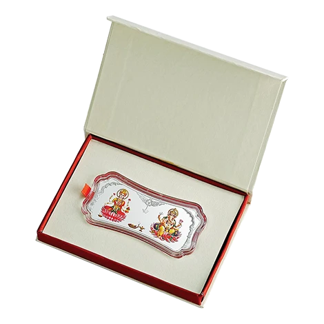 (999.9+) Purest 50 gm Stylized Laxmi Ganesh Colored Silver Bar