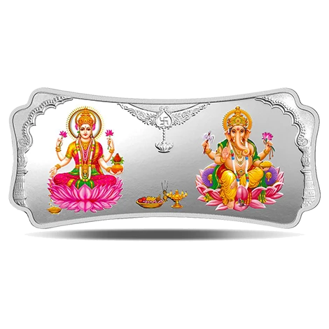 (999.9+) Purest 50 gm Stylized Laxmi Ganesh Colored Silver Bar