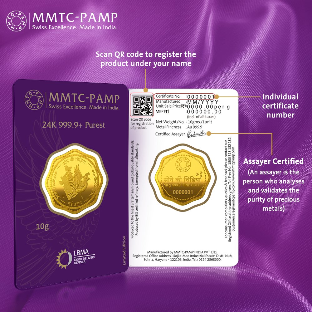 24K (999.9+) Purest 10 gm Sone Ki Chidiya Gold Coin